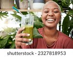 Health, diet and happy with black woman and smoothie for detox, breakfast and protein. Nutrition, food and weight loss with face of person and drink for green juice, vitamins and supplement