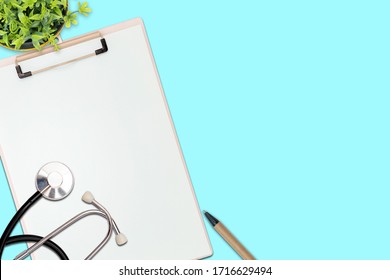 Health Examination Concept. Blank Document File, Pen, Stethoscope, Doctor, Protection Care, Data Collection Concept