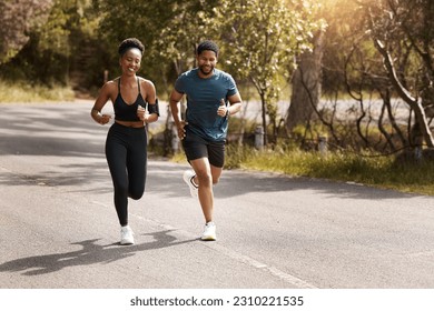 Health, exercise and black couple running, nature and workout goal with endurance, training and wellness. Runners, man and woman in the street, run and progress with health, performance and fitness - Powered by Shutterstock