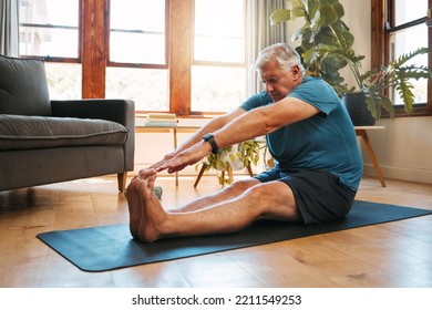 Health, Exercise And Yoga With Senior Man Doing Ground Stretching Before Meditation And Wellness Workout. Fitness, Relax And Floor Warm Up By Elderly Male Start Healthy Cardio Training In Living Room