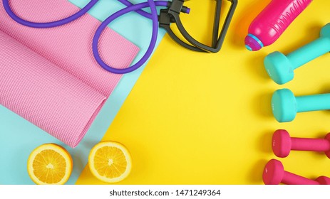 Health And Fitness Concept Flatlay With Exercise Equipment On Modern Colorful Background With Copy Space.