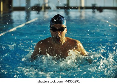 Health And Fitness Lifestyle Concept With Young Athlete Swimmer Recreating  On Olimpic Pool