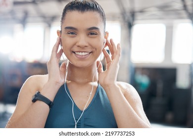 Health, Fitness And Music By A Woman At Gym, Streaming Playlist While Prepare For Exercise Or Cardio Workout. Portrait Of A Fit Athlete Enjoying A Motivation Podcast Online, Excited To Begin Warm Up