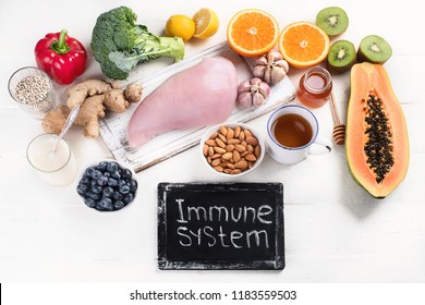 Health  food to boost immune system. Hgh in antioxidants, minerals and vitamins. Top view - Shutterstock ID 1183559503