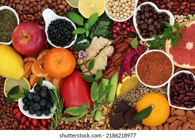 Health food for a healthy heart high in flavonoids, polyphenols, fibre, protein. Also high in antioxidants, anthocyanins, vitamins, bioflavonoids, minerals, lycopene. Flat lay.