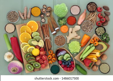 Health Food For Liver Detox Concept With Fresh Fruit, Vegetables, Nuts, Seeds, Supplement Powders With Herbs And Spices Used In Herbal Medicine. Foods High In Antioxidants, Vitamins & Dietary Fibre. 