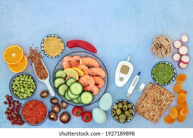 Health Food For A Low Glycemic Diabetic Diet With Blood Sugar Testing Equipment An Lancing Device. High In Omega 3, Protein, Antioxidants, Fibre, Minerals And Vitamins. Foods Below 55 On The GI Index.