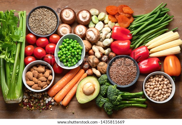 Health food for vegan cooking. Foods high in\
antioxidants, carbohydrates and vitamins. Clean and detox eating,\
alkaline diet, vegetarian\
concept