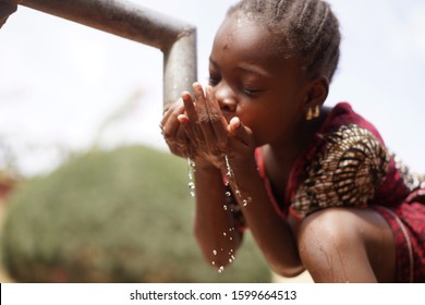 Health and Hygiene symbol, Black Young Girl Drinking Fresh Clean Water from Tap