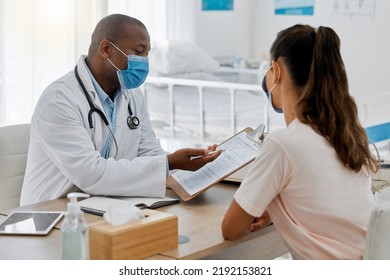 Health Insurance, Compliance And Medical Admin In Covid Pandemic, Doctor Consulting With Patient In Office. Healthcare Professional Helping A Woman, Discussing Plan While Signing Permission Form