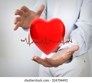 Health Insurance Concept: 3d Hearth With Electro Between Hands