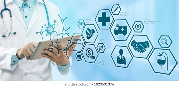 Health Insurance Concept - Doctor In Hospital With Health Insurance Related Icons In Modern Graphic Interface Showing Symbol Of Healthcare Person, Money Saving, Medical Treatment And Benefits.