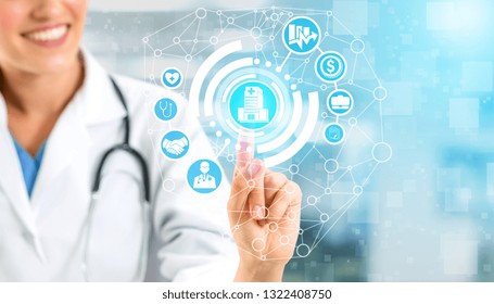 Health Insurance Concept - Doctor In Hospital With Health Insurance Related Icon Graphic Interface Showing Healthcare People, Money Planning, Risk Management, Medical Treatment And Coverage Benefit.