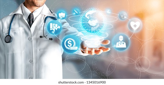 Health Insurance Concept - Doctor In Hospital With Health Insurance Related Icon Graphic Interface Showing Healthcare People, Money Planning, Risk Management, Medical Treatment And Coverage Benefit.