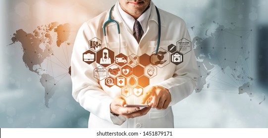 Health Insurance Concept - Doctor in hospital with health insurance related icon graphic interface showing healthcare people, money planning, risk management, medical treatment and coverage benefit. - Shutterstock ID 1451879171