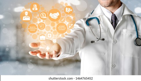 Health Insurance Concept - Doctor In Hospital With Health Insurance Related Icon Graphic Interface Showing Healthcare People, Money Planning, Risk Management, Medical Treatment And Coverage Benefit.