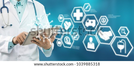 Health Insurance Concept - Doctor in hospital with health insurance related icons in modern graphic interface showing symbol of healthcare person, money saving, medical treatment and benefits.