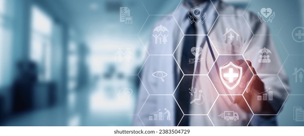 Health insurance concept. Healthcare, finance and medical service. Benefits of health insurance, medical expenses, providing financial security. Doctor with medical service and health insurance icon. - Shutterstock ID 2383504729
