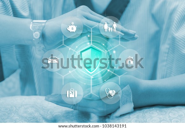 Health\
Insurance concept, Protection Shield with icon flow insurance.\
Property, Health, Life, Travel, Vehicle, and financial. against\
Blurred patient in the room is the\
backdrop.