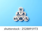 Health insurance and medical care concept. A set of wooden blocks displaying health-related icons, medical care, health insurance, and medication. healthcare services, protection, insurance coverage  