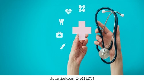 Health insurance and medical welfare concept. people hands holding plus symbol and healthcare medical icon, health and access healthcare - Powered by Shutterstock