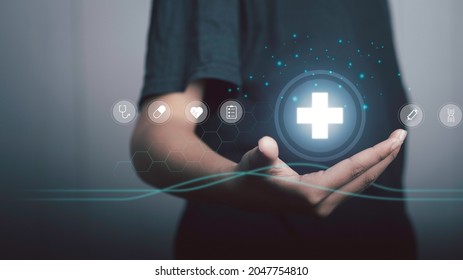 Health Insurance  Service Concept. Hand Hold Virtual Medical Network Connection Icons. Health Care Plan Protection For Life.