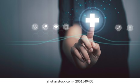 Health insurance  service concept. Hand touch virtual medical network connection icons. Health care plan protection for life. - Shutterstock ID 2051549438
