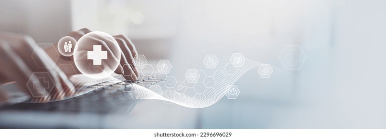 Health Insurance, telemedicine, virtual hospital, family medicine concept. Doctor using laptop computer with health care icons, medical technology background, health insurance business - Shutterstock ID 2296696029
