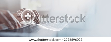 Health Insurance, telemedicine, virtual hospital, family medicine concept. Doctor using laptop computer with health care icons, medical technology background, health insurance business