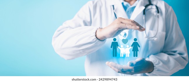 Health, medical and life insurance for the whole family concept. Practitioner doctor with protective gesture and icon of family. family home, foster care, world mental health day, Autism support. - Powered by Shutterstock