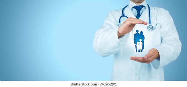 Health (medical) and life insurance for the whole family concept. Practitioner doctor with protective gesture and icon of family. - Shutterstock ID 740206291