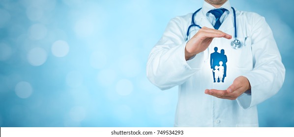Health (medical) and life insurance for the whole family concept. Practitioner doctor with protective gesture and icon of family. - Shutterstock ID 749534293