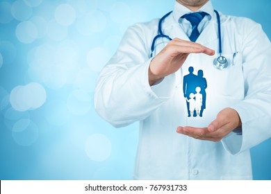 Health (medical) And Life Insurance For The Whole Family Concept. Practitioner Doctor With Protective Gesture And Icon Of Family.