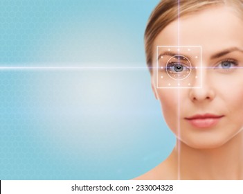 health, medicine, identity, vision and people concept - beautiful young woman with laser light lines on her eye over blue background - Shutterstock ID 233004328