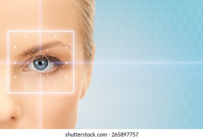 Health, Medicine, Identity, Vision And People Concept - Beautiful Young Woman With Laser Light Lines On Her Eye Over Blue Background