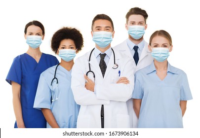 Health, Medicine And Pandemic Concept - Doctors And Nurses Wearing Protective Medical Masks On White Background