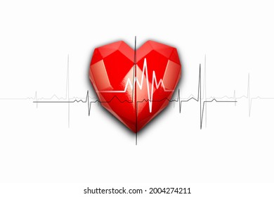 health, medicine, people and cardiology concept - close up of hand with cardiogram on small red heart, copy space. A red heart isolated on white background.