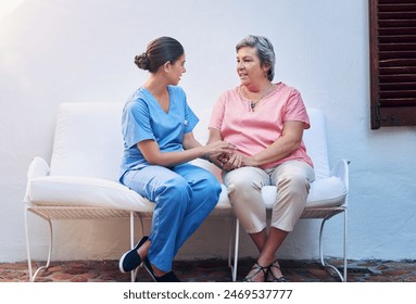 Health, nurse and senior woman holding hands at retirement home for support, consulting or compassion. Help, caregiver and elderly patient on sofa for care, trust or medical conversation in outdoor - Powered by Shutterstock