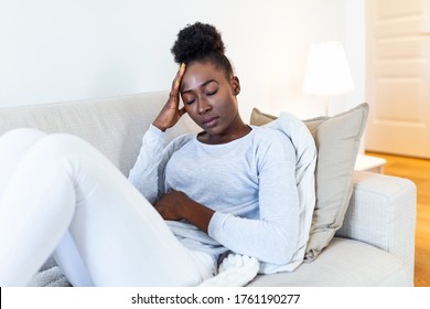 Health And Pain. Stressed Exhausted Young Black Woman Having Strong Tension Headache. Closeup Portrait Of Beautiful Sick Girl Suffering From Head Migraine, Feeling Pressure And Stress.