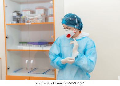 Health pro readying for lab care. A healthcare worker puts on gloves and adjusts protective gear, ready for patient examination in a clinical setting. - Powered by Shutterstock