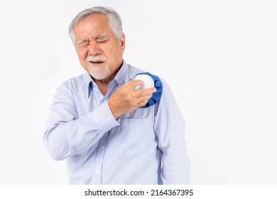 Health Problems Shoulder Pain, Senior Man Applying Ice Pack On  Shoulder, Elderly Man Enduring Awful Ache, Old Man With Suffering Having Painful Expression Shoulder Pain.