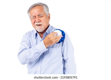 Health Problems Shoulder Pain, Senior Man Applying Ice Pack On  Shoulder, Elderly Man Enduring Awful Ache, Old Man With Suffering Having Painful Expression Shoulder Pain.