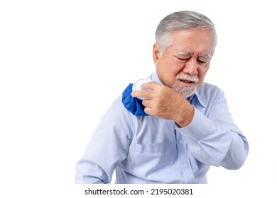 Health Problems Shoulder Pain, Senior Man Applying Ice Pack On  Shoulder, Elderly Man Enduring Awful Ache, Old Man With Suffering Having Painful Expression Shoulder Pain.