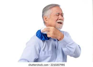 Health Problems Shoulder Pain, Senior Man Applying Ice Pack On  Shoulder, Elderly Man Enduring Awful Ache, Old Man With Suffering Having Painful Expression Shoulder Pain.