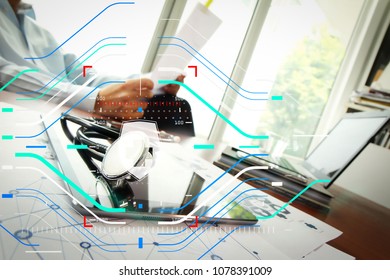 Health protection. Medical and health care concept.Doctor working with digital tablet and laptop computer in medical workspace office and medical network media diagram 