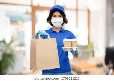 Health Protection, Safety And Pandemic Concept - Delivery Woman In Face Mask And Gloves With Food In Paper Bag And Drinks In Disposable Cups Over Office Background