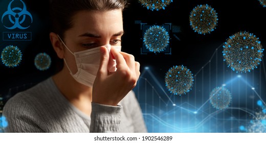 health protection, safety and pandemic concept - sick young woman adjusting protective medical face mask over coronavirus virions on black background