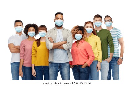 Health, Quarantine And Pandemic Concept - Group Of People Wearing Protective Medical Masks For Protection From Virus