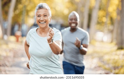 Health, race and running with old couple in park for fitness, workout and exercise. Wellness, retirement and happy with senior black man and woman training in nature for motivation, sports and cardio - Powered by Shutterstock