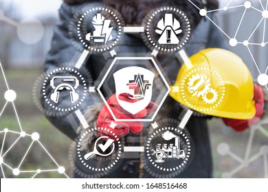 Health Safety Control Industry Concept. Industrial Worker Or Officer Touch Shield Medical Cross Pulse Hand Icon.